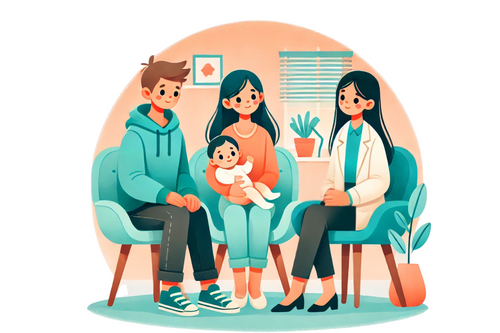 Couple with baby talking to a lady in a nanny interview.